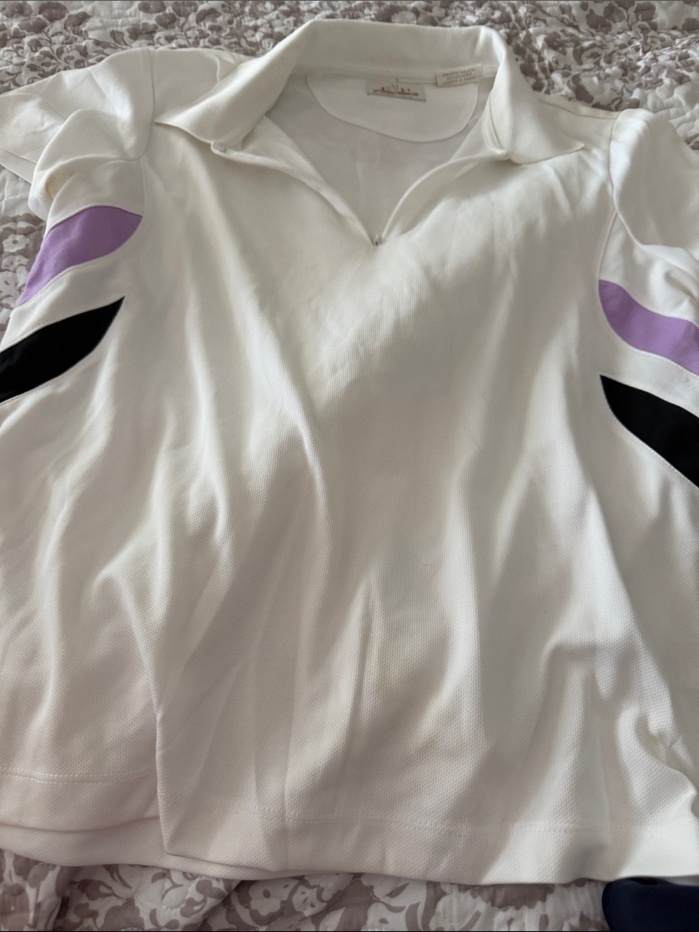 Women’s White Jersey Top with Lavender and Black Accents